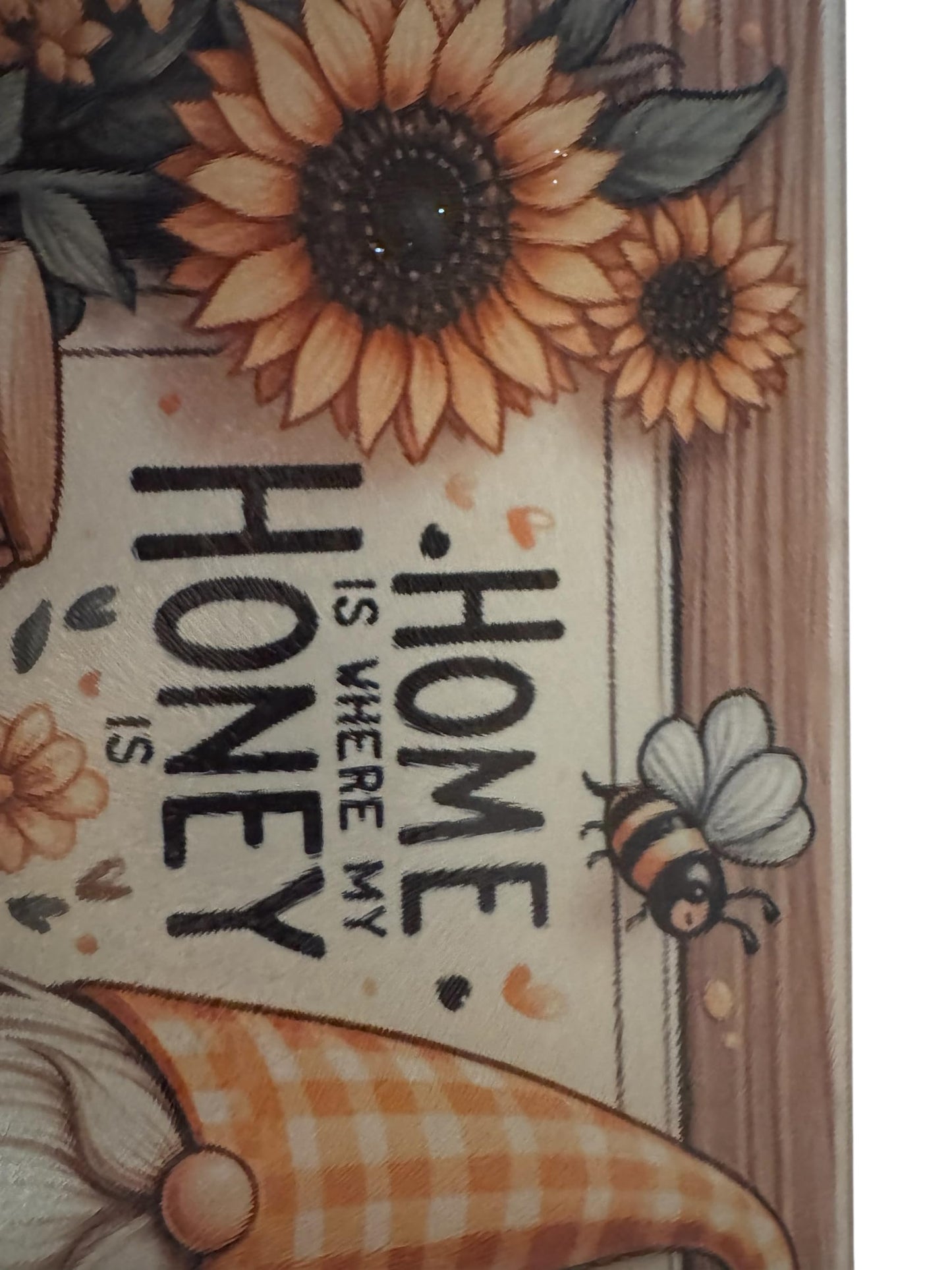 Home is Where My Honey Is Glass Cutting Board, Sunflower and Gnome Design, 11x7.87 inches (CUT14)
