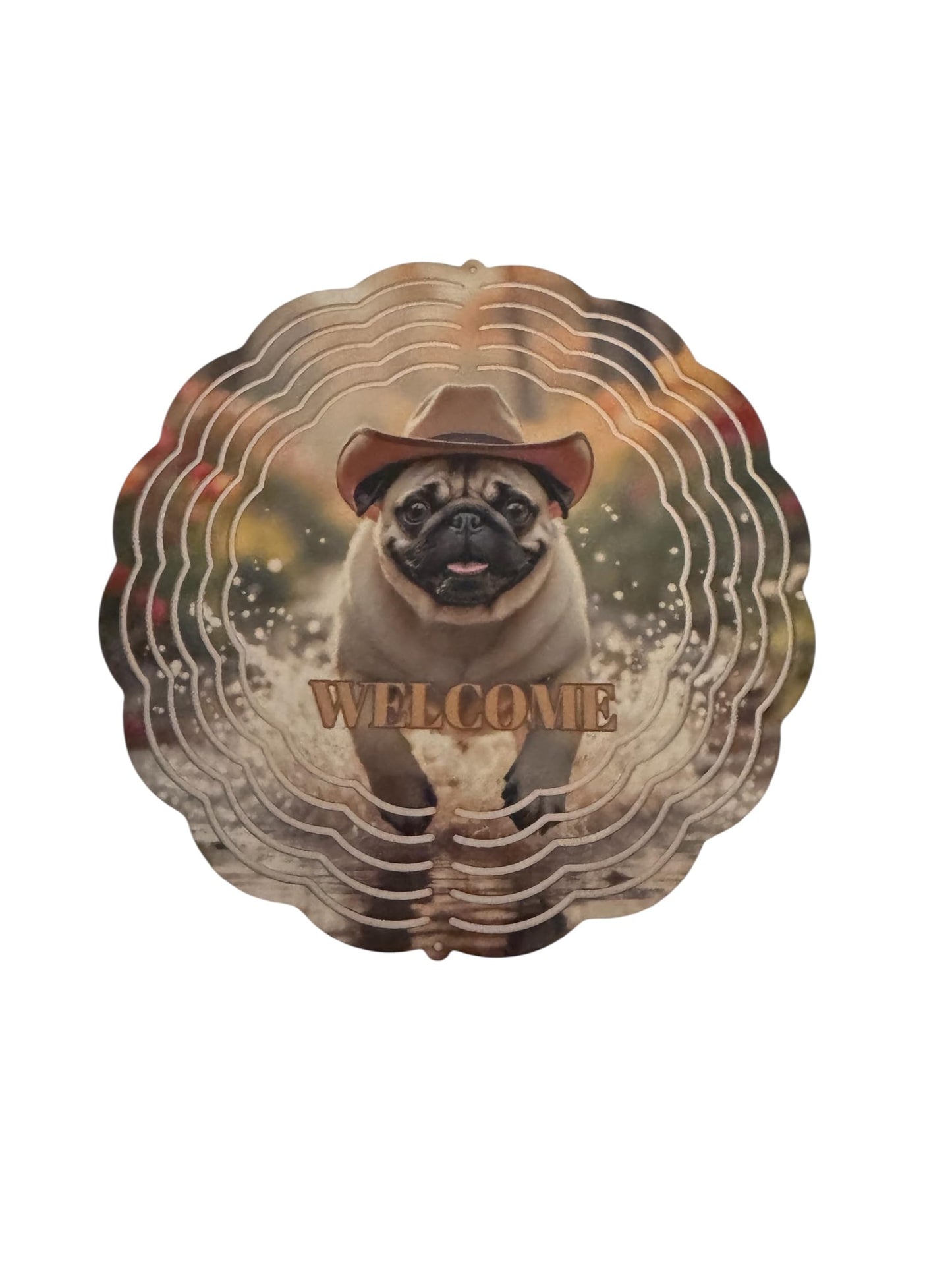 Decorative Welcome Pug Wind Spinner with Pug Design, Metal Hanging Art with Spinner Hook, Outdoor Garden Decor Welcome Wind Spinner 8 inch 3D Design