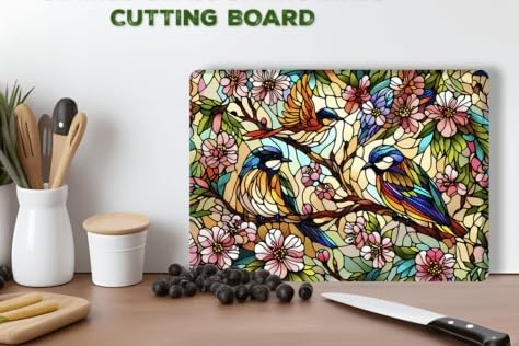 Decorative Glass Cutting Board with Stained Glass Birds Design, 11 x 7.87 inches, Kitchen Chopping Board (CUT09)