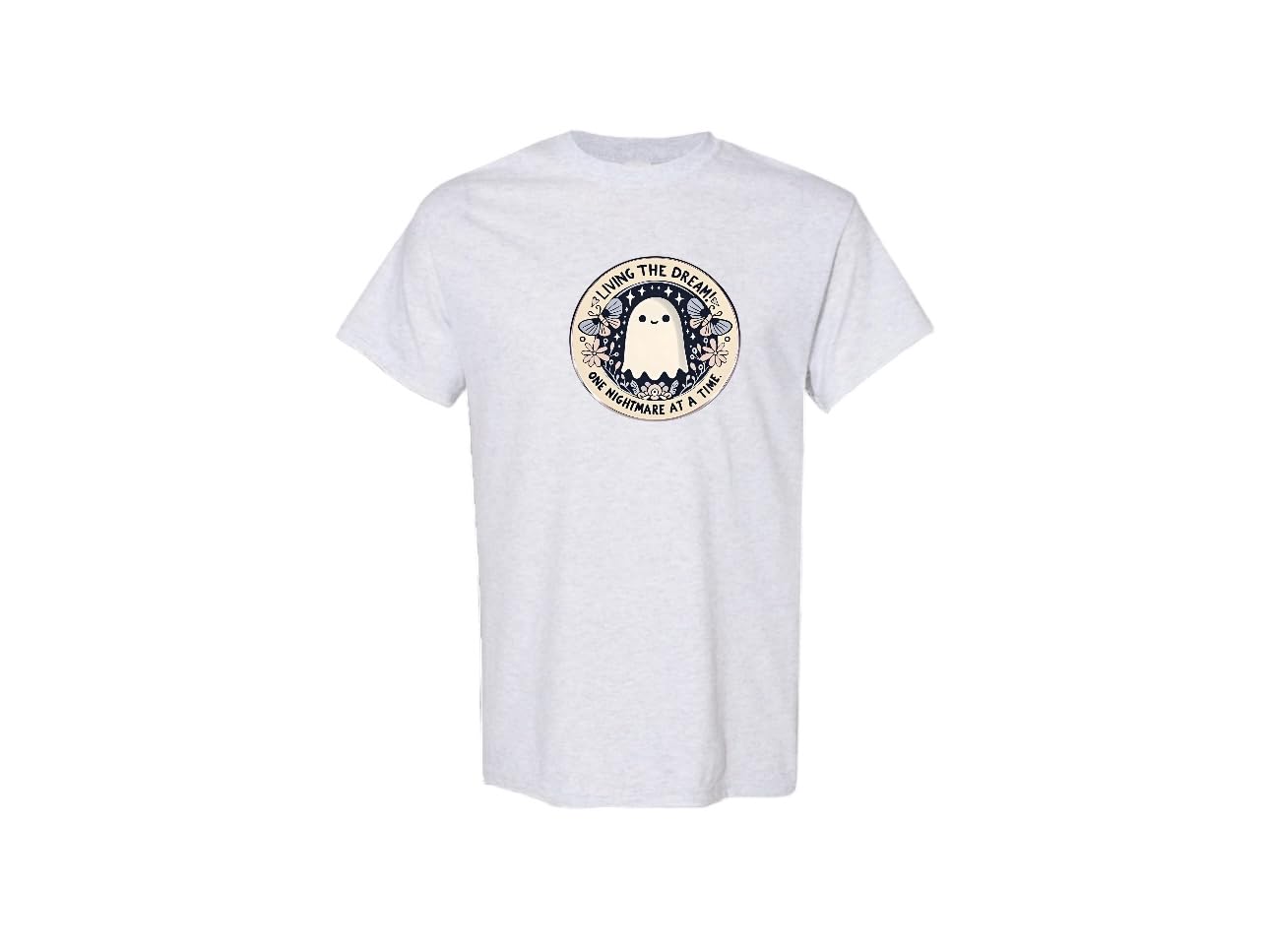 Living The Dream Ghost T-Shirt, Cute Floral Design, One Nightmare at a Time, Unisex ash Gray
