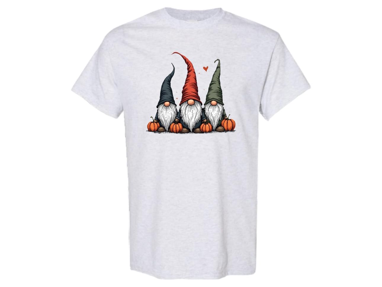 Fall Gnomes T-Shirt, Ash Gray Unisex Sizing, Sizes S-XXL Halloween Pumpkin Design with Three Gnomes