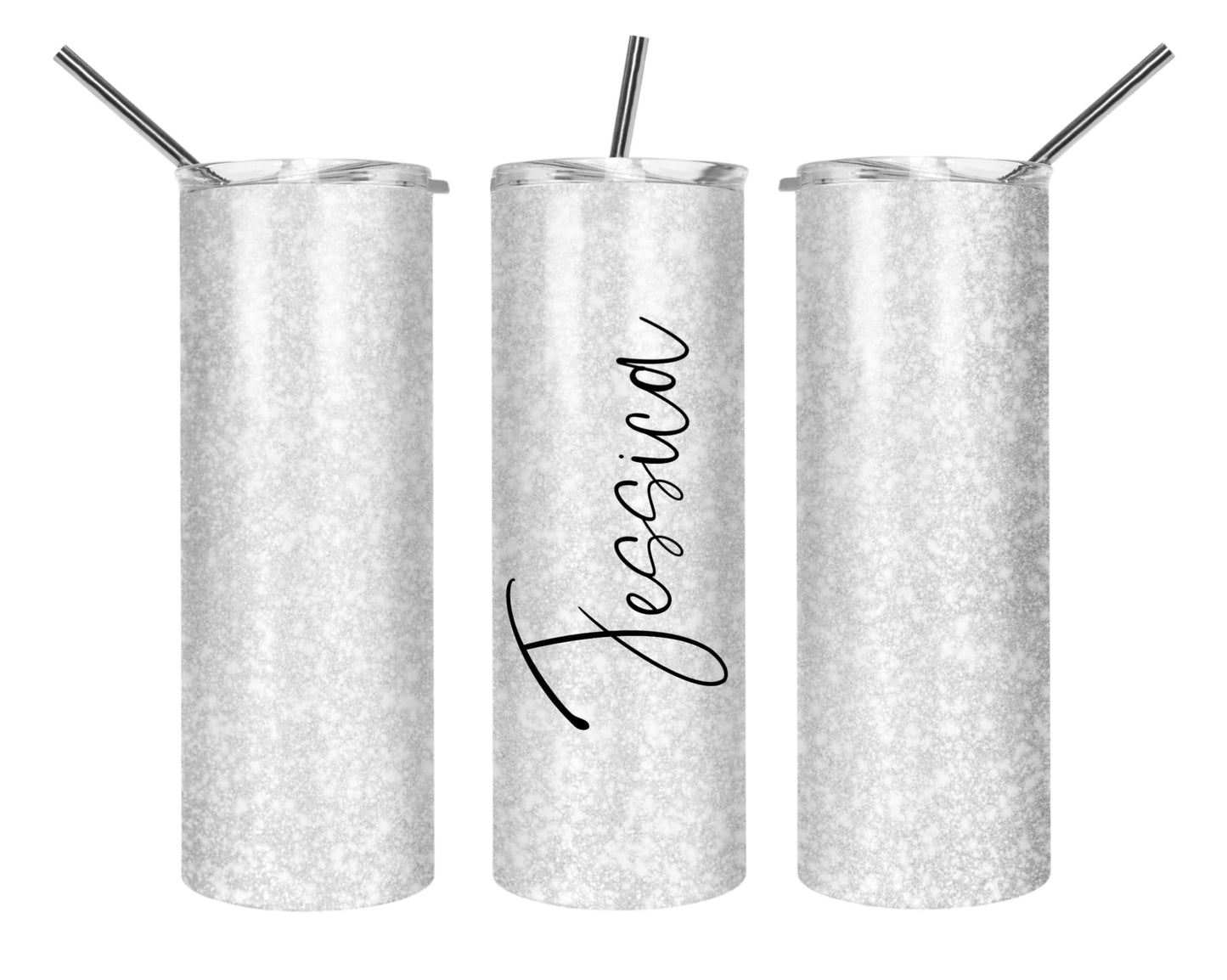 Custom White Glitter Tumbler With Name, 20oz Stainless Steel Skinny Tumbler with Lid and Straw, Marbled White Design, Insulated Travel Cup