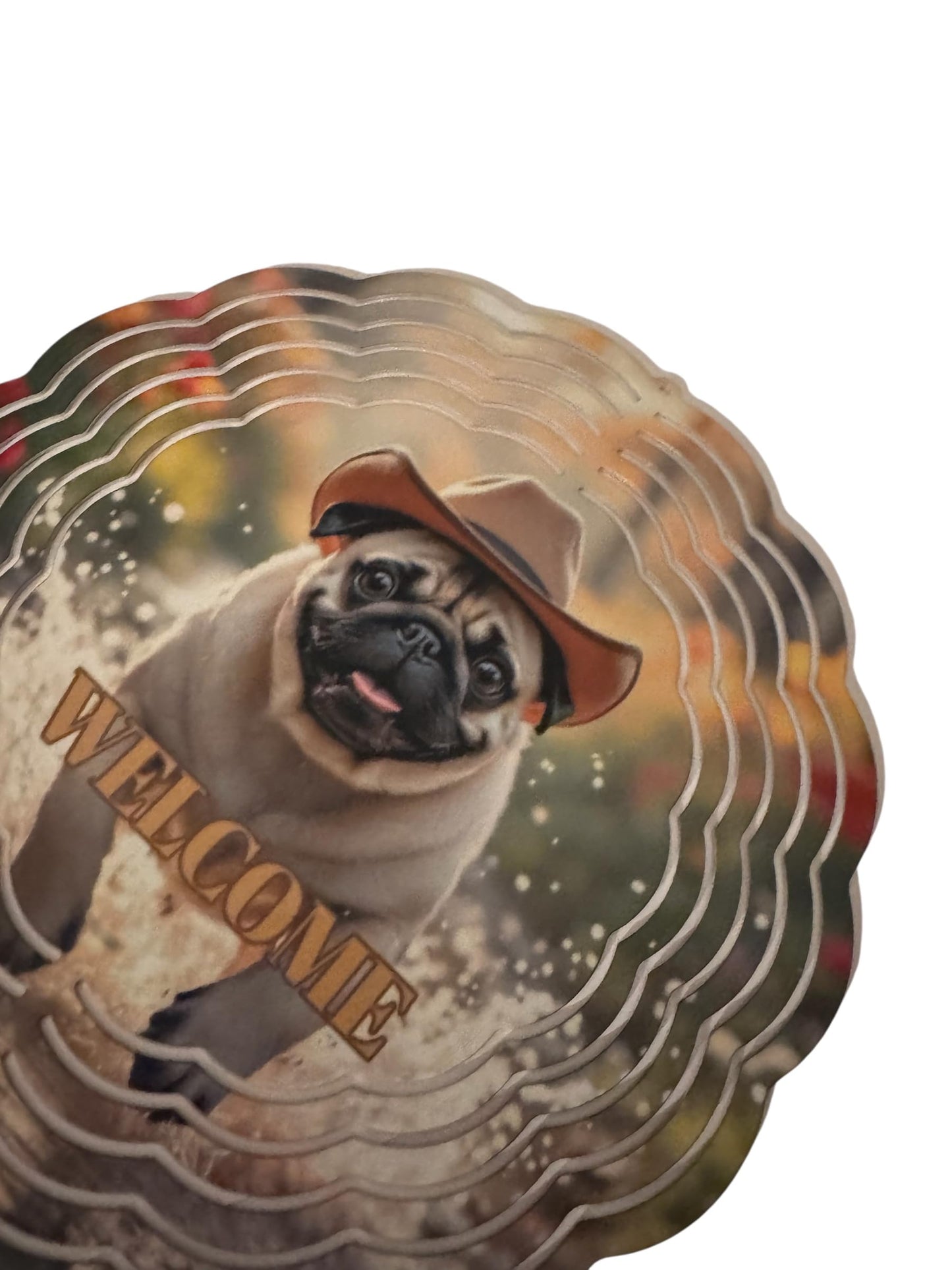 Decorative Welcome Pug Wind Spinner with Pug Design, Metal Hanging Art with Spinner Hook, Outdoor Garden Decor Welcome Wind Spinner 8 inch 3D Design