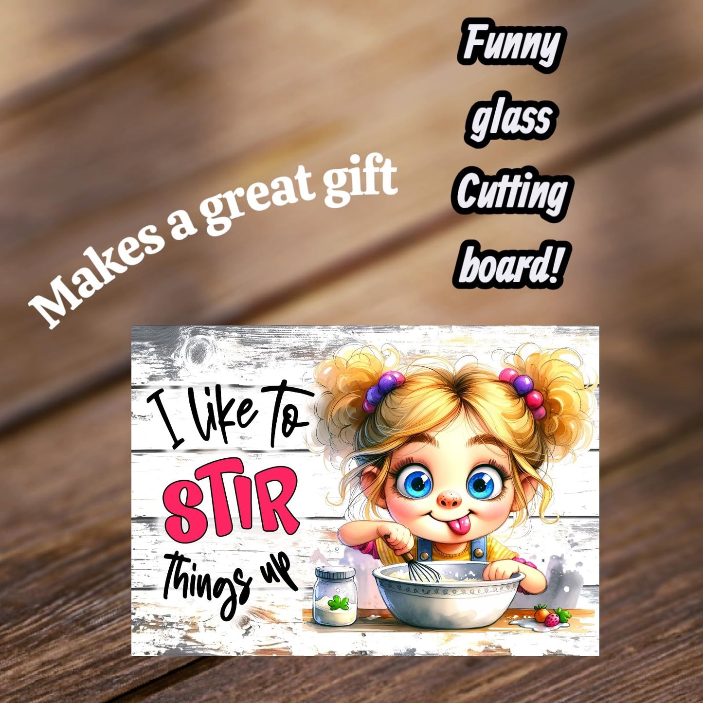 I like to stir things up Funny Glass Cutting Board, Kitchen Decor with Cartoon Cooking Design, Makes a Great Gift 11x7.87 inches with non slip pads