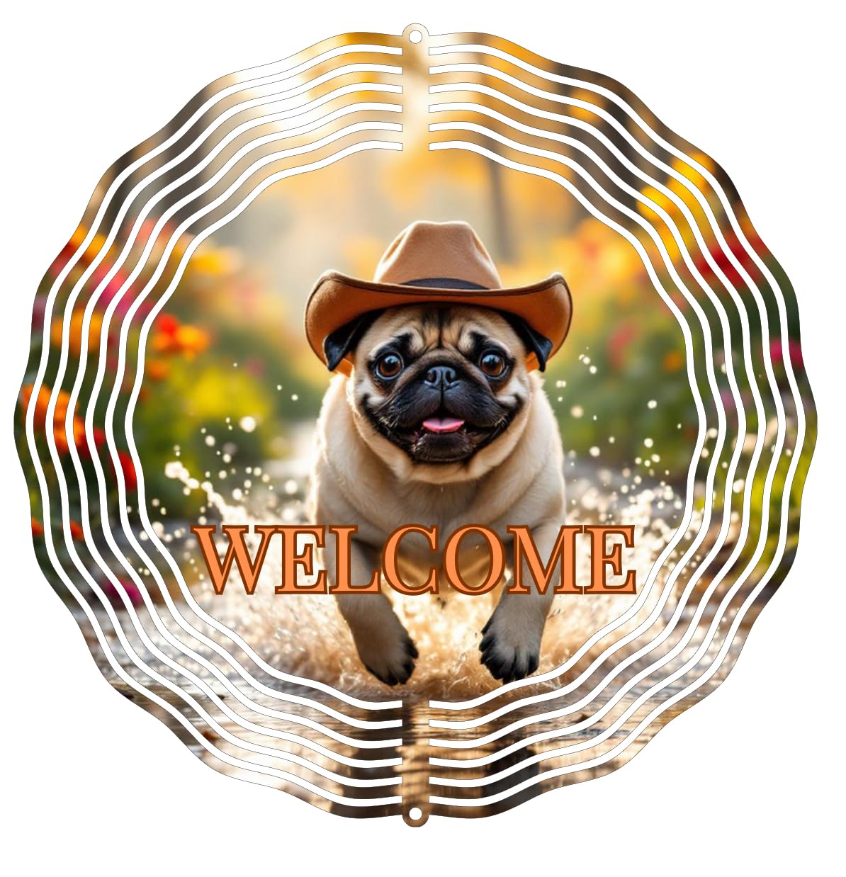 Decorative Welcome Pug Wind Spinner with Pug Design, Metal Hanging Art with Spinner Hook, Outdoor Garden Decor Welcome Wind Spinner 8 inch 3D Design