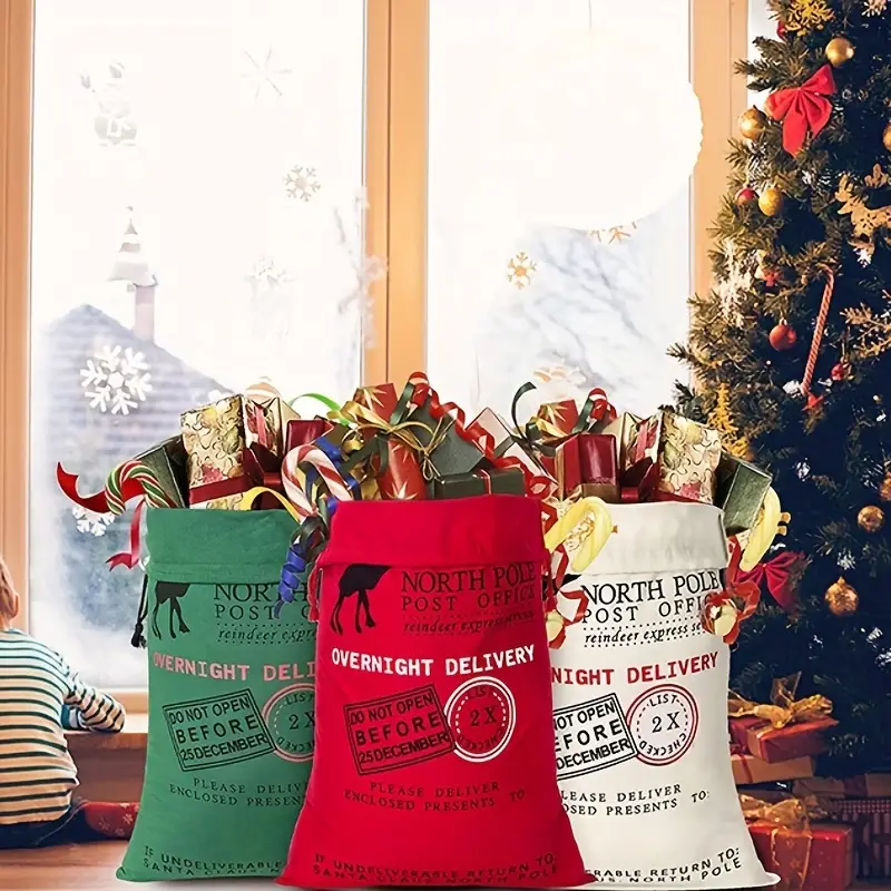 Canvas Christmas north pole bags with name 27x19 inches red green or natural color, personalized christmas bags for kids
