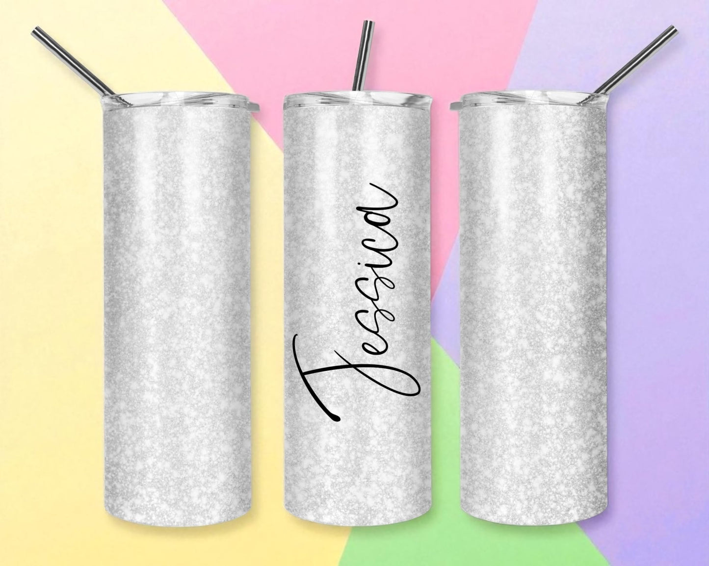 Custom White Glitter Tumbler With Name, 20oz Stainless Steel Skinny Tumbler with Lid and Straw, Marbled White Design, Insulated Travel Cup