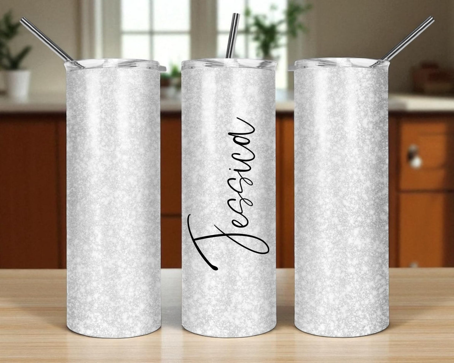 Custom White Glitter Tumbler With Name, 20oz Stainless Steel Skinny Tumbler with Lid and Straw, Marbled White Design, Insulated Travel Cup