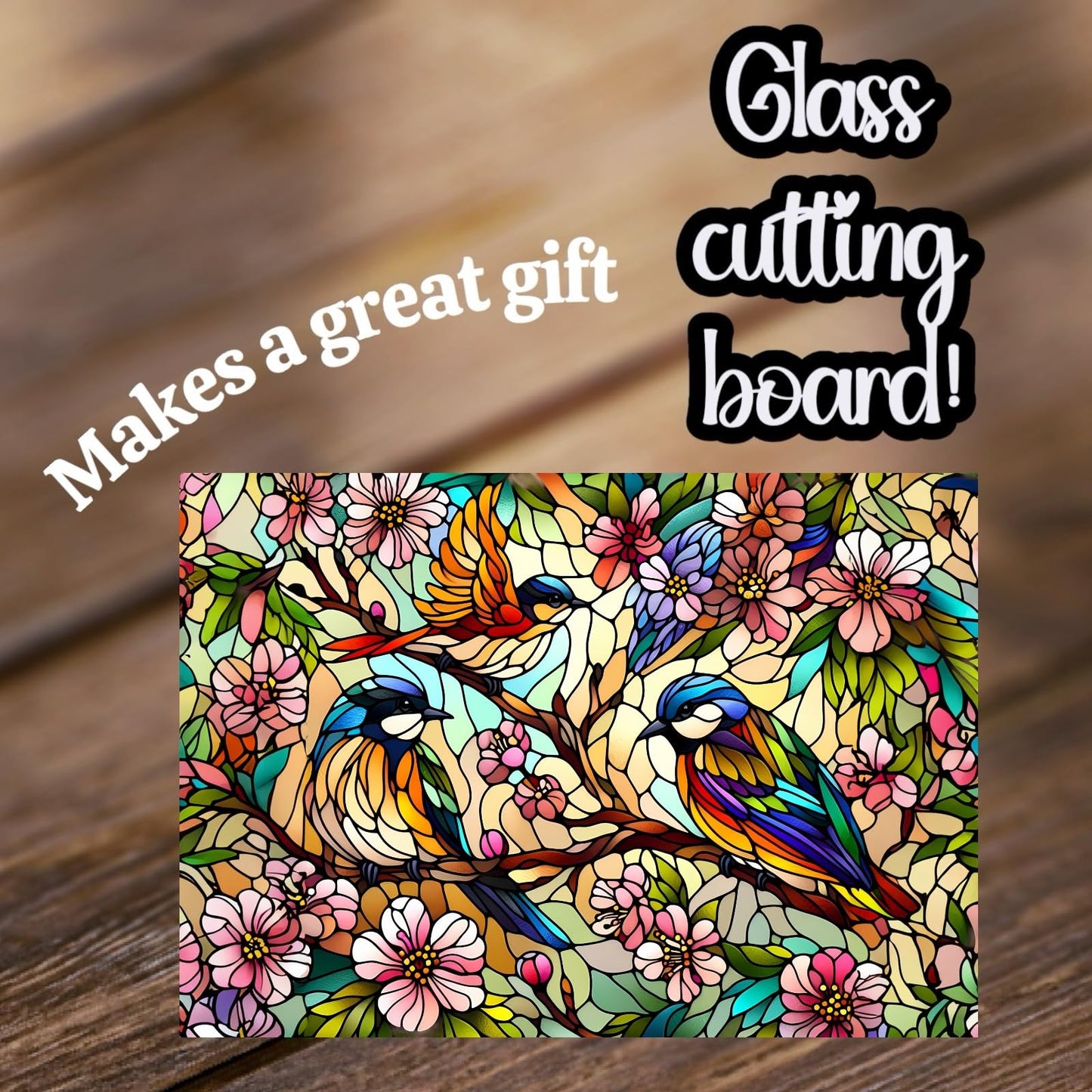 Decorative Glass Cutting Board with Stained Glass Birds Design, 11 x 7.87 inches, Kitchen Chopping Board (CUT09)