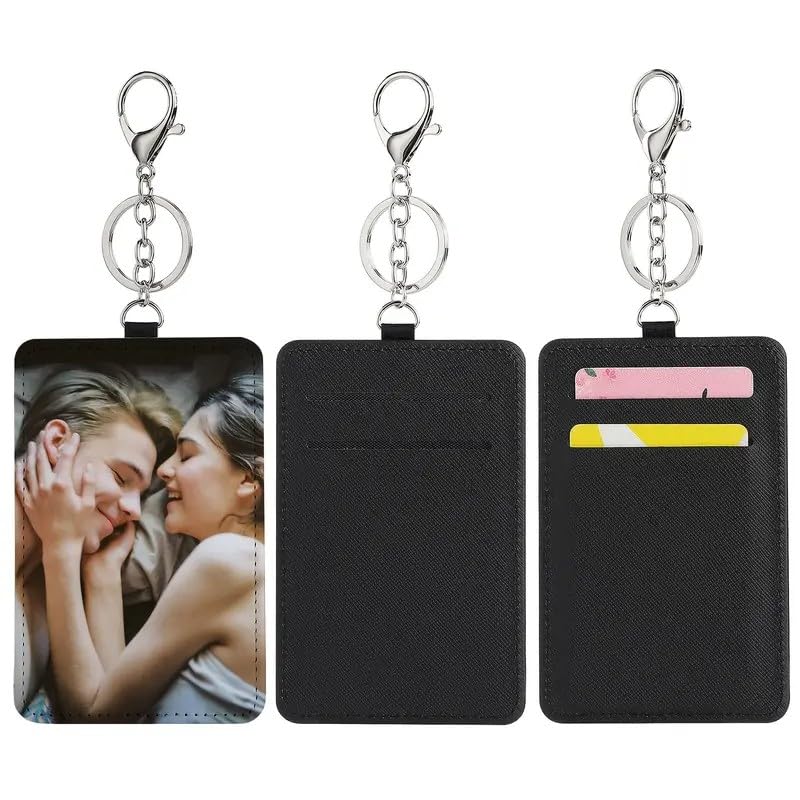 Custom Photo Keychain with Card Holder Picture Display, Metal Ring, Black Faux Leather