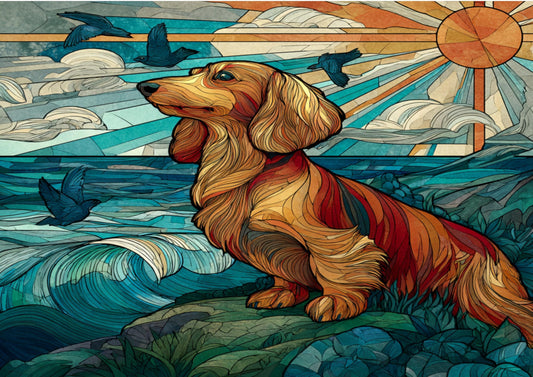Decorative Dachshund Glass Cutting Board with Dog and Ocean Art, Stained Glass Style Kitchen Decor (CUT117)