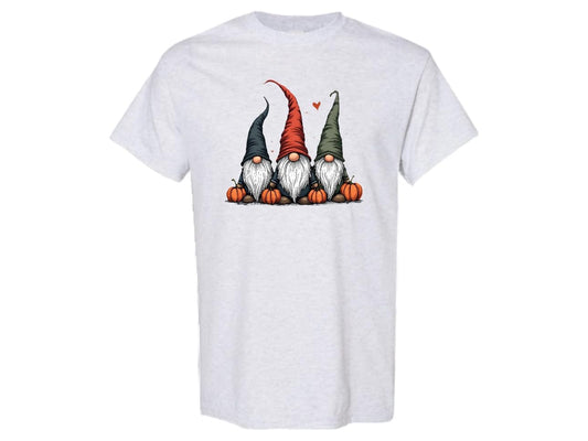 Fall Gnomes T-Shirt, Ash Gray Unisex Sizing, Sizes S-XXL Halloween Pumpkin Design with Three Gnomes