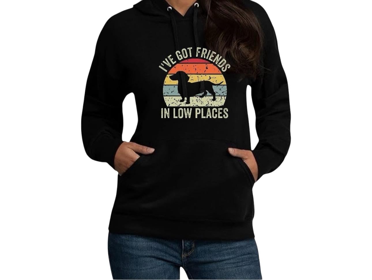 Dachshund Hoodie Sweatshirt, I've Got Friends in Low Places, Black, Unisex, Size Large Adults