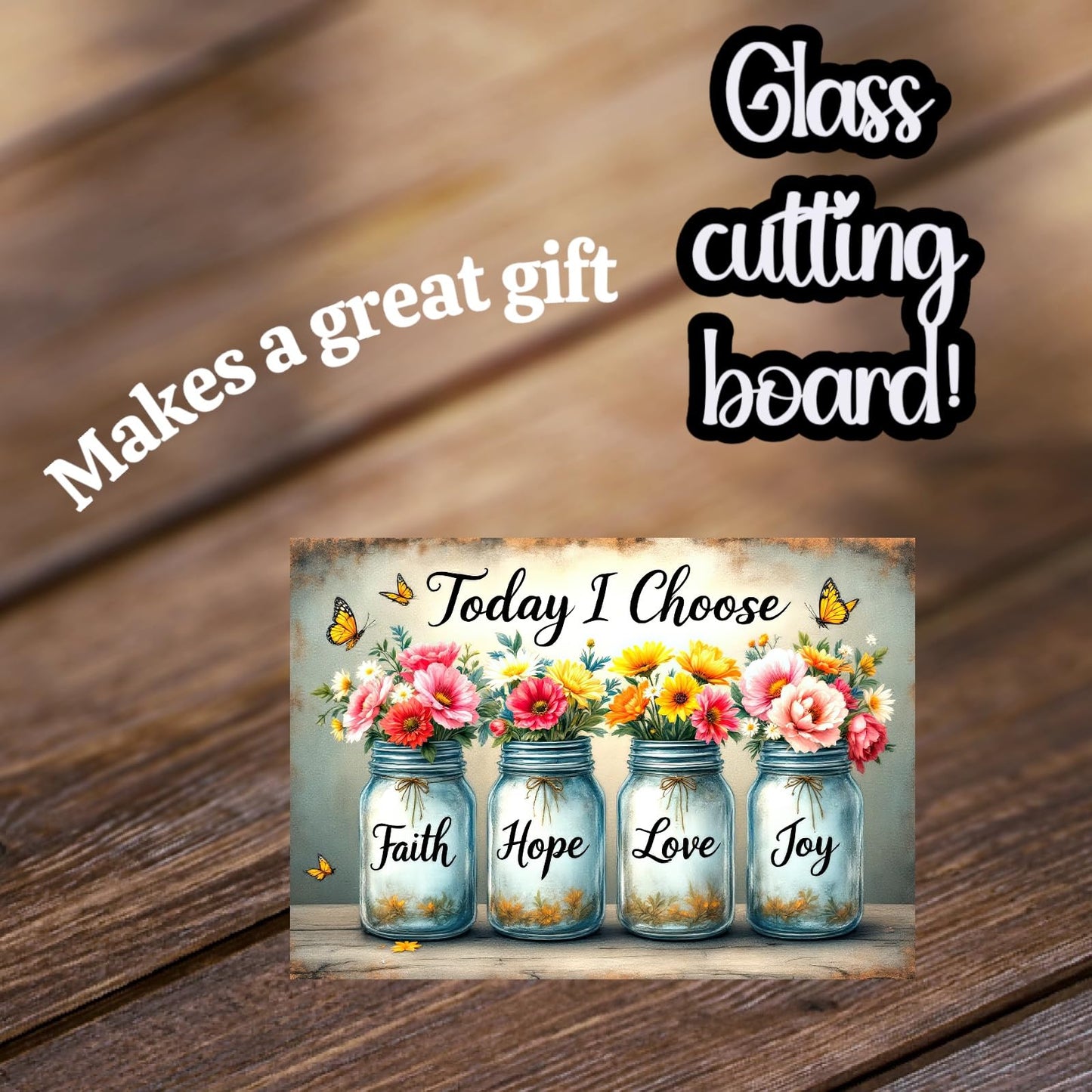 Faith Decorative Glass Cutting Board, Mason Jar Faith Hope Love Joy Design, Floral Kitchen Decor 11x7.87 inches (CUT21)