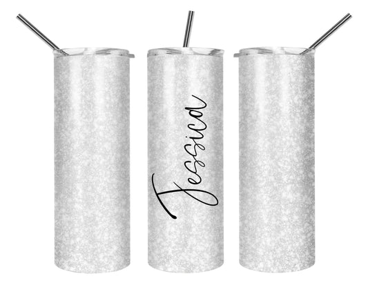 Custom White Glitter Tumbler With Name, 20oz Stainless Steel Skinny Tumbler with Lid and Straw, Marbled White Design, Insulated Travel Cup