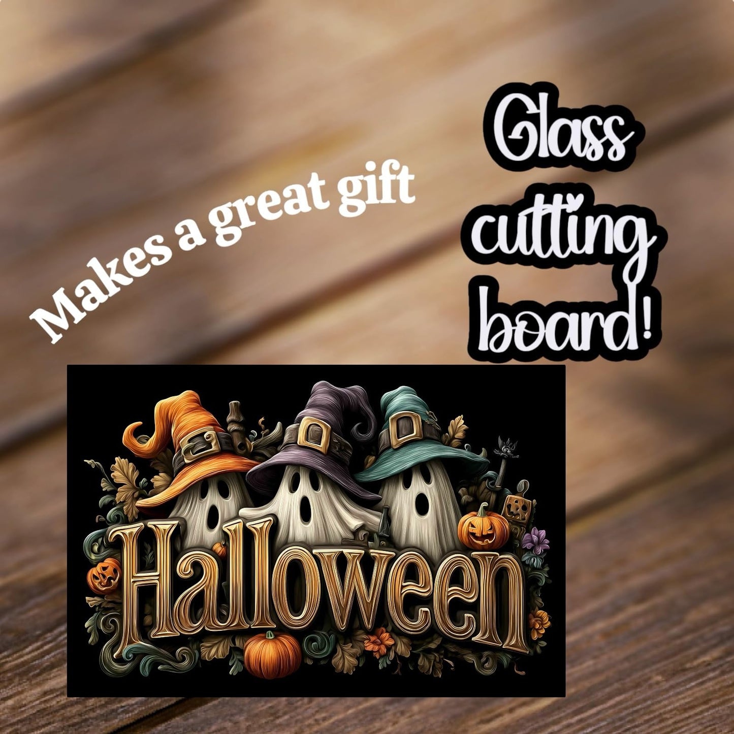 Halloween Glass Cutting Board, 11 x 7.8 inches, Decorative Kitchen Board with Spooky Ghost Design, Halloween Decor (CUT17)