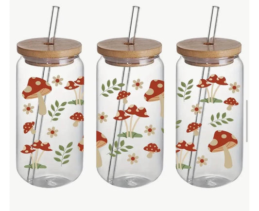 Red Mushrooms Glass Mason Jar with Bamboo Lid and Straw, Mushroom Pattern, Hot and Cold Drinks, Semi-Leakproof Silicone Seal (ONE EACH)