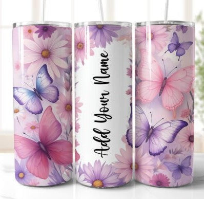 Personalized butterfly and flower tumbler with name 20 oz stainless steel with rubber nonslip bottom and straw and lid