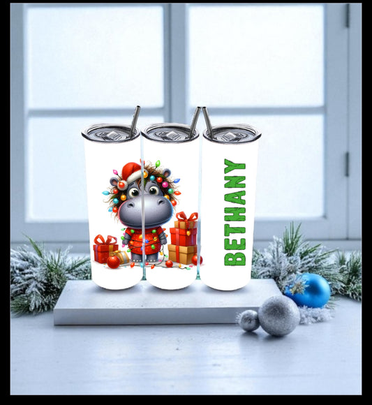Christmas Hippo Personalized Tumbler With Name 20 Oz Skinny Tumber With Straw And Easy Slide Open Lid