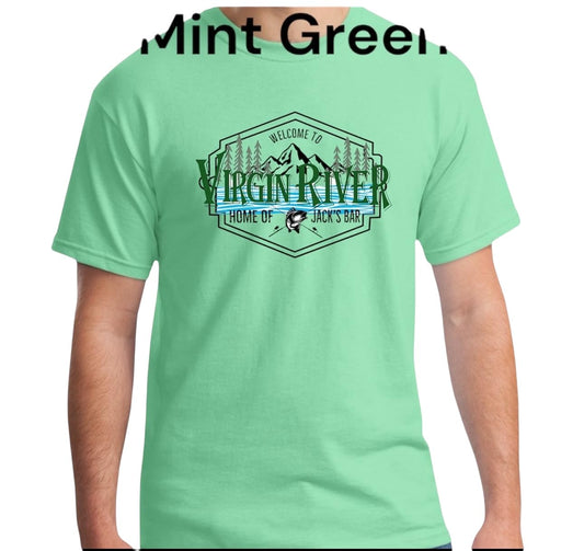 Virgin River Welcome T-Shirt Home of Jack's Bar Mountain Lake Design, Mint Green, Unisex