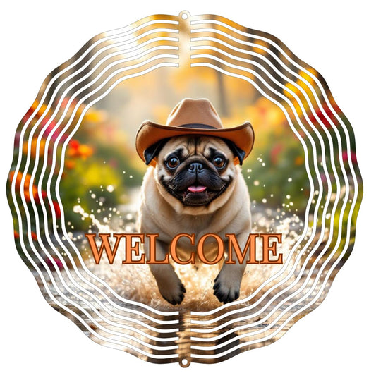 Decorative Welcome Pug Wind Spinner with Pug Design, Metal Hanging Art with Spinner Hook, Outdoor Garden Decor Welcome Wind Spinner 8 inch 3D Design