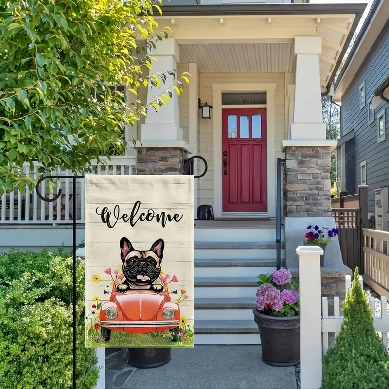 Generic French Bulldog Welcome Garden Flag, 18x12 Inches, All-Weather Safe, Cute Design, Bug Car, Welcome Flag