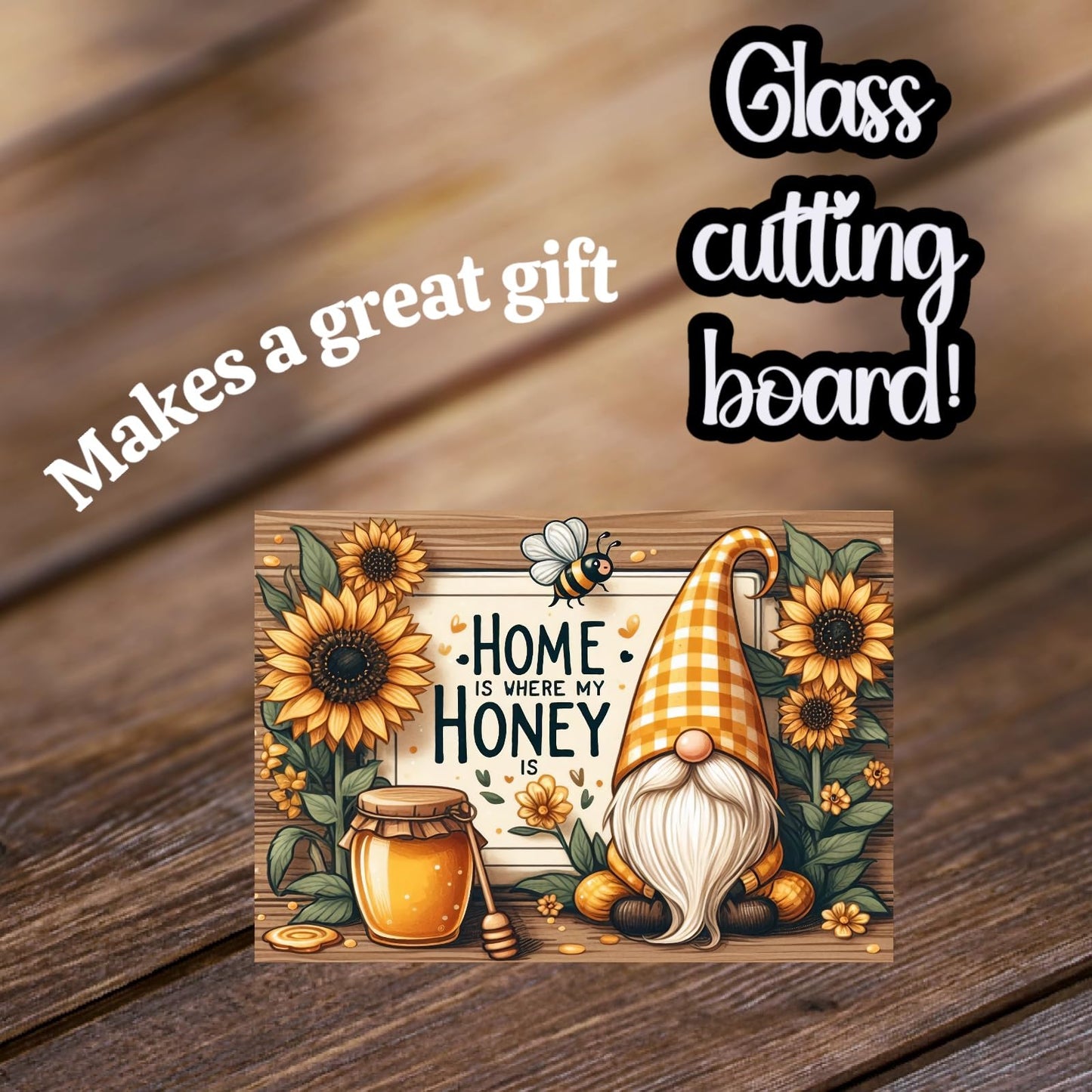 Home is Where My Honey Is Glass Cutting Board, Sunflower and Gnome Design, 11x7.87 inches (CUT14)