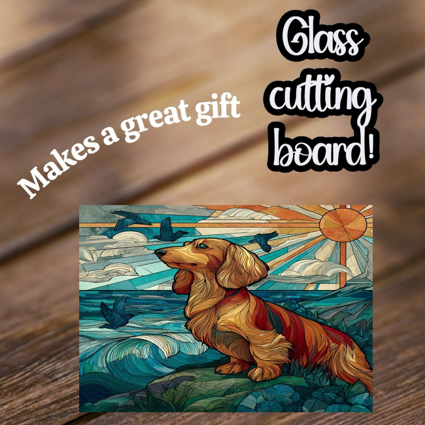 Decorative Dachshund Glass Cutting Board with Dog and Ocean Art, Stained Glass Style Kitchen Decor (CUT117)
