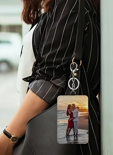 Custom Photo Keychain with Card Holder Picture Display, Metal Ring, Black Faux Leather