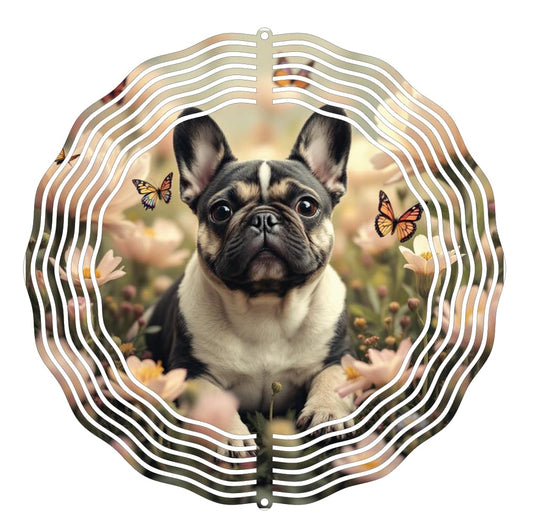 French Bulldog Wind Spinner, 8 inch 3D Garden Yard Art Decoration with Butterflies, Metal Wind Catcher with Hanging Hook