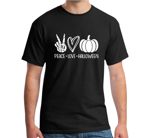 Peace Love Halloween T-Shirt, Black Graphic Tee, Pumpkin Design Adult Unisex Size Small - X Large